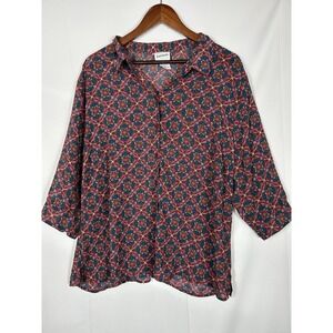 BonWorth Womens Sheer Geometric Button Down Top  Size XLP Boho Artsy Mature